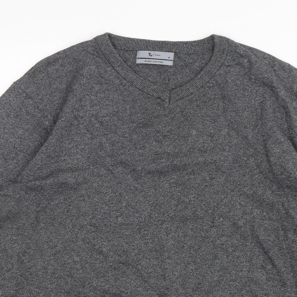 TU Mens Grey V-Neck  Cotton Pullover Jumper Size M