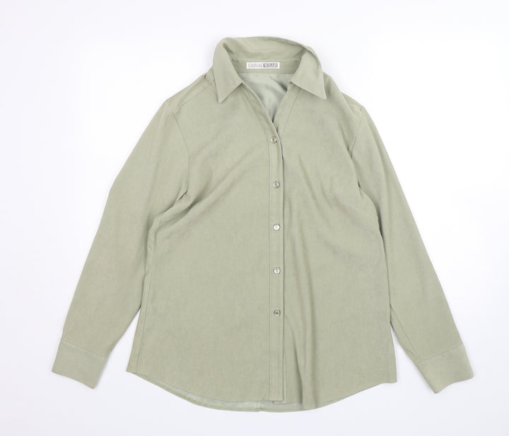 Casual Wear Womens Green Polyester Basic Button-Up Size 12 Collared