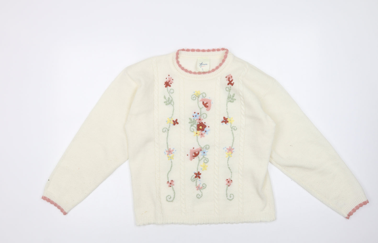 Amari Womens Ivory Crew Neck Floral Acrylic Pullover Jumper Size 12