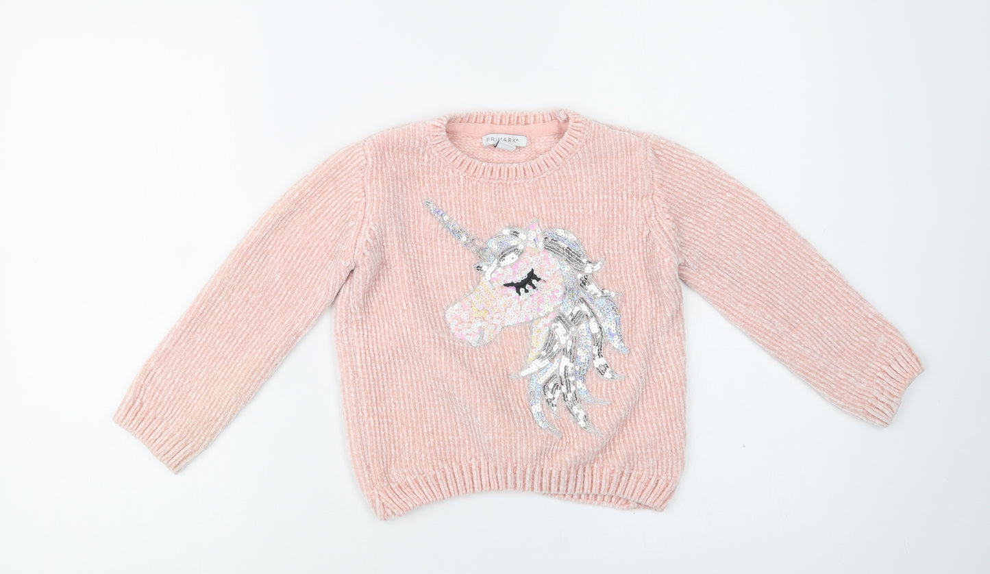 Primark Girls Pink Crew Neck  Polyester Pullover Jumper Size 6 Years   - Unicorn