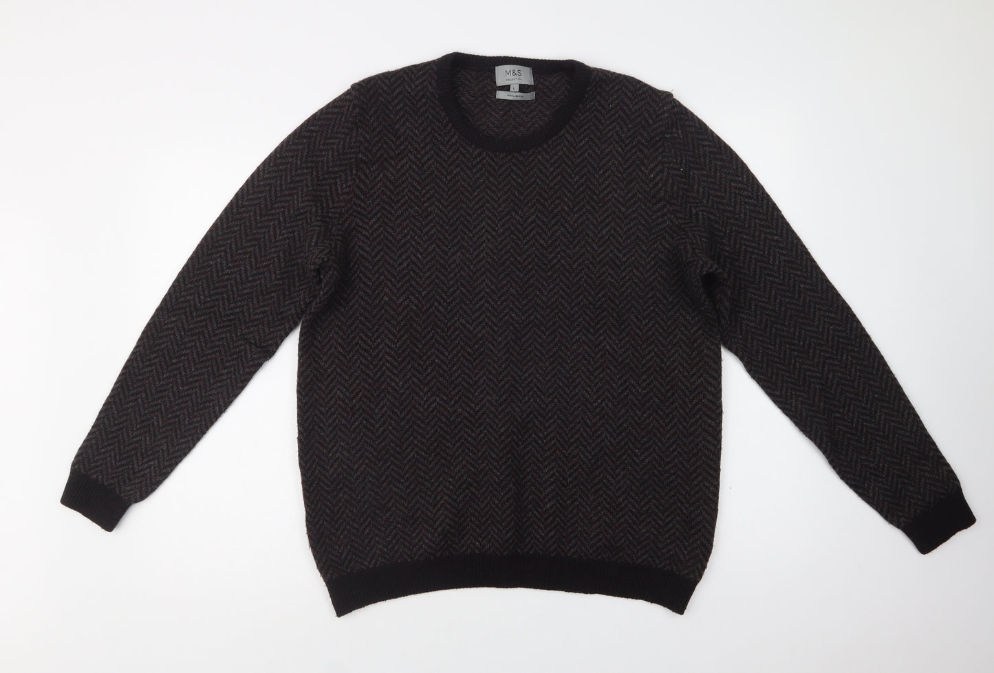 M&S Mens Grey Crew Neck Herringbone Acrylic Pullover Jumper Size L