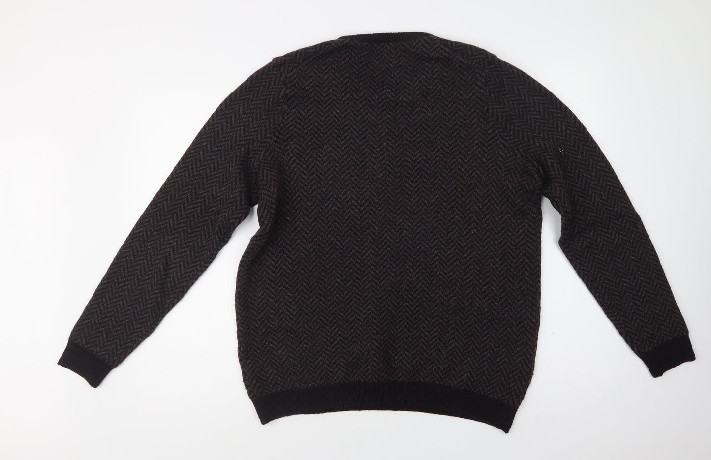 M&S Mens Grey Crew Neck Herringbone Acrylic Pullover Jumper Size L