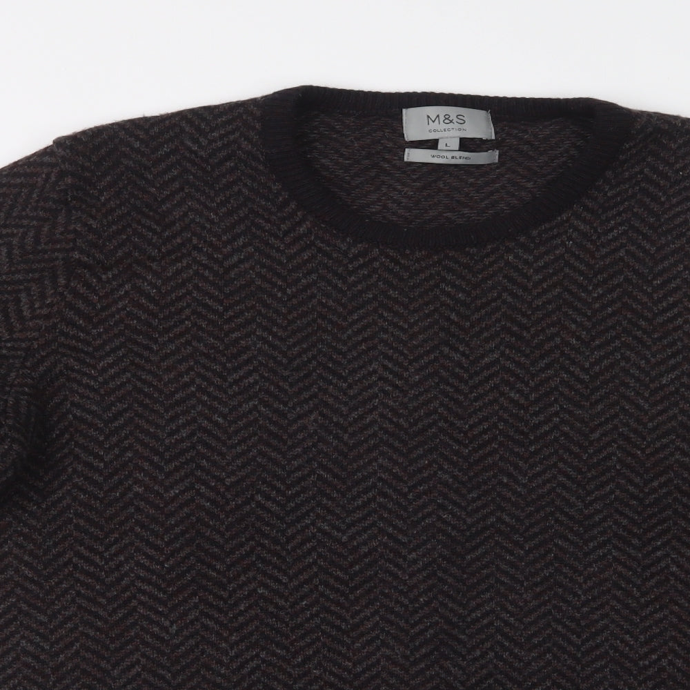 M&S Mens Grey Crew Neck Herringbone Acrylic Pullover Jumper Size L