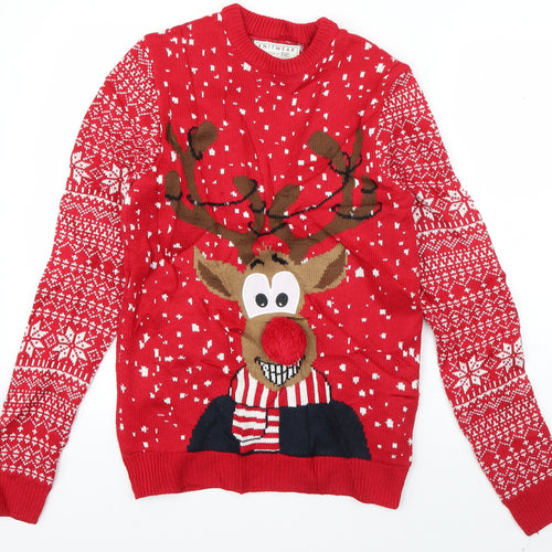 F&F Mens Red Round Neck  Acrylic Pullover Jumper Size XS   - Rudolph