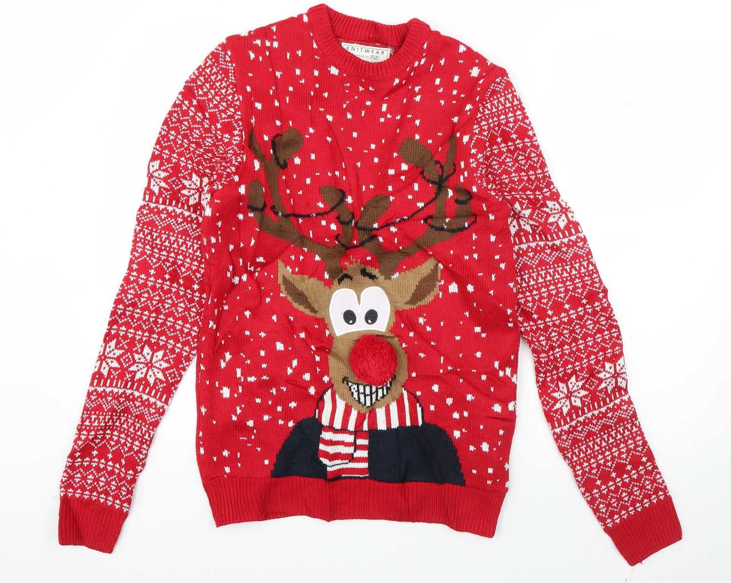 F&F Mens Red Round Neck  Acrylic Pullover Jumper Size XS   - Rudolph