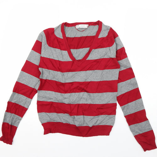 Zara Womens Red V-Neck Striped Cotton Pullover Jumper Size S