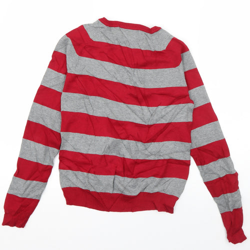 Zara Womens Red V-Neck Striped Cotton Pullover Jumper Size S