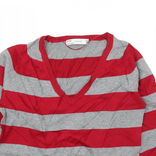 Zara Womens Red V-Neck Striped Cotton Pullover Jumper Size S