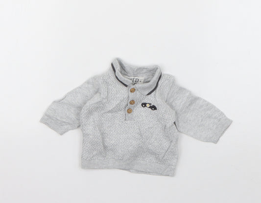 Front view of F&F boys’ grey cotton jumper, size 0-3, months pullover