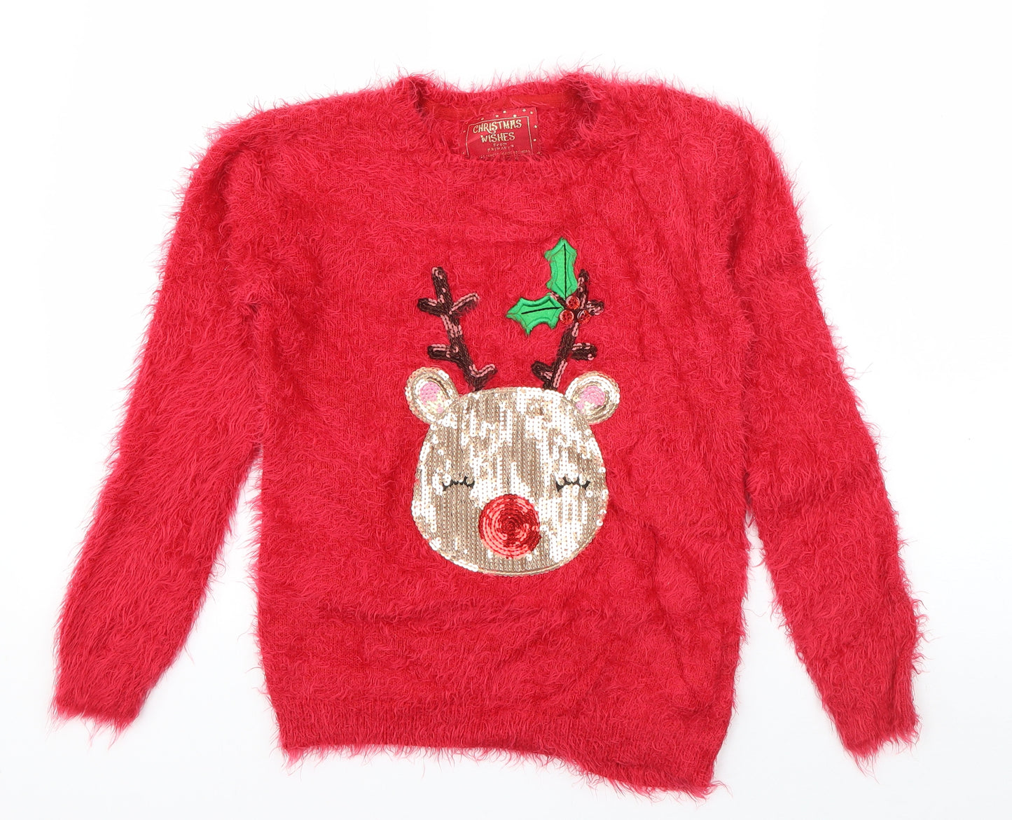 Priamrk Girls Red Round Neck  Nylon Pullover Jumper Size 9-10 Years  Pullover - Rudolph