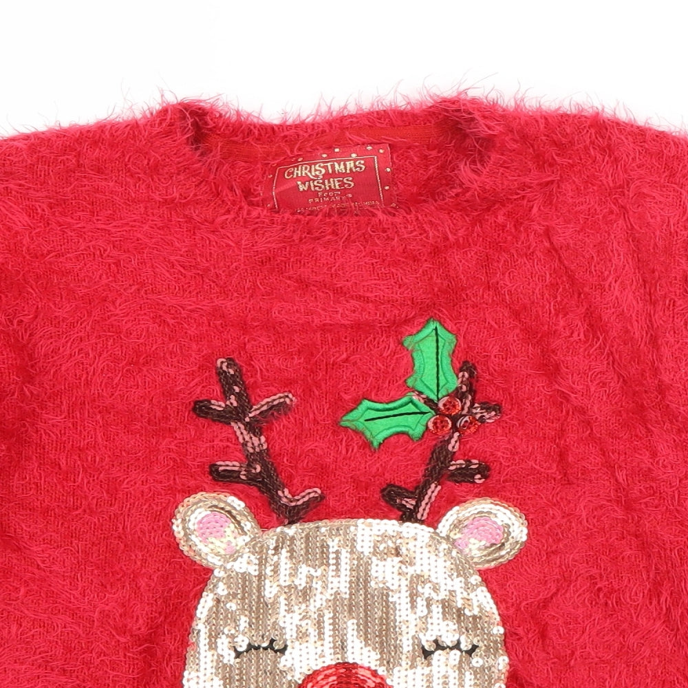 Priamrk Girls Red Round Neck  Nylon Pullover Jumper Size 9-10 Years  Pullover - Rudolph