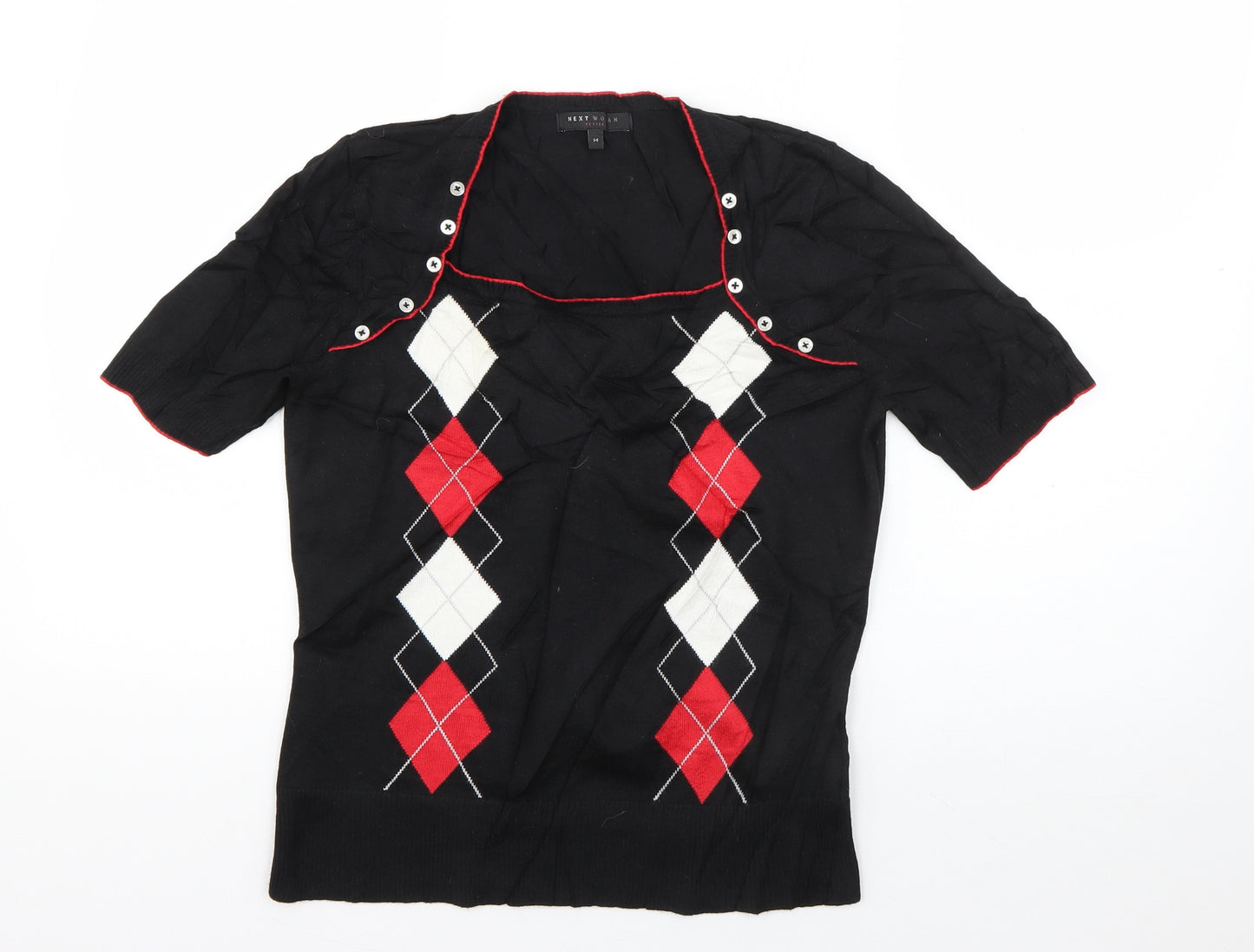 NEXT Womens Black Argyle/Diamond Viscose Basic T-Shirt Size 14 Square Neck