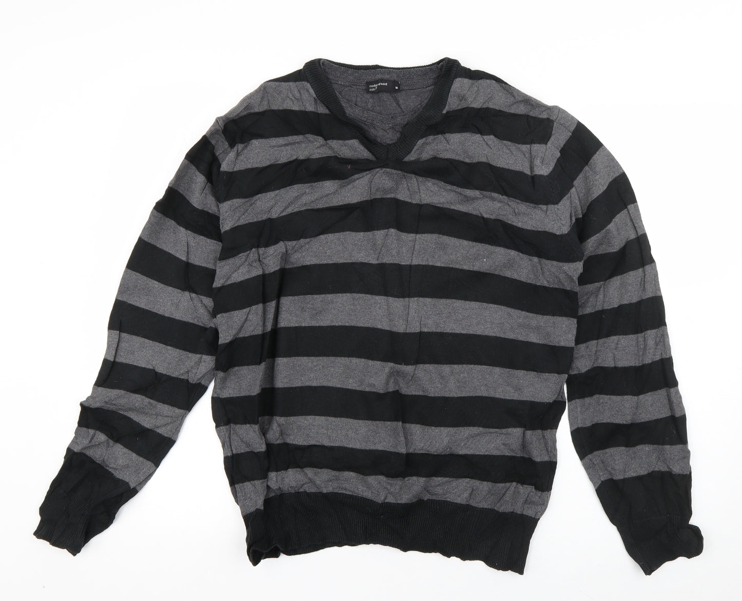 Cedar Wood State Womens Grey V-Neck Striped Cotton Pullover Jumper Size M