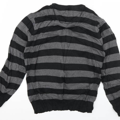 Cedar Wood State Womens Grey V-Neck Striped Cotton Pullover Jumper Size M