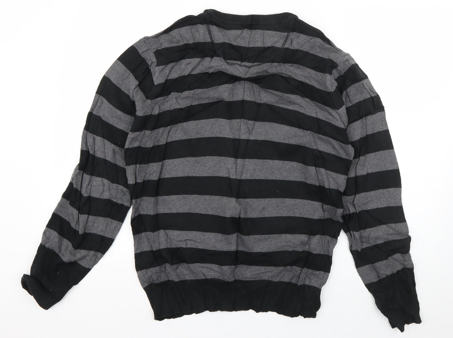 Cedar Wood State Womens Grey V-Neck Striped Cotton Pullover Jumper Size M