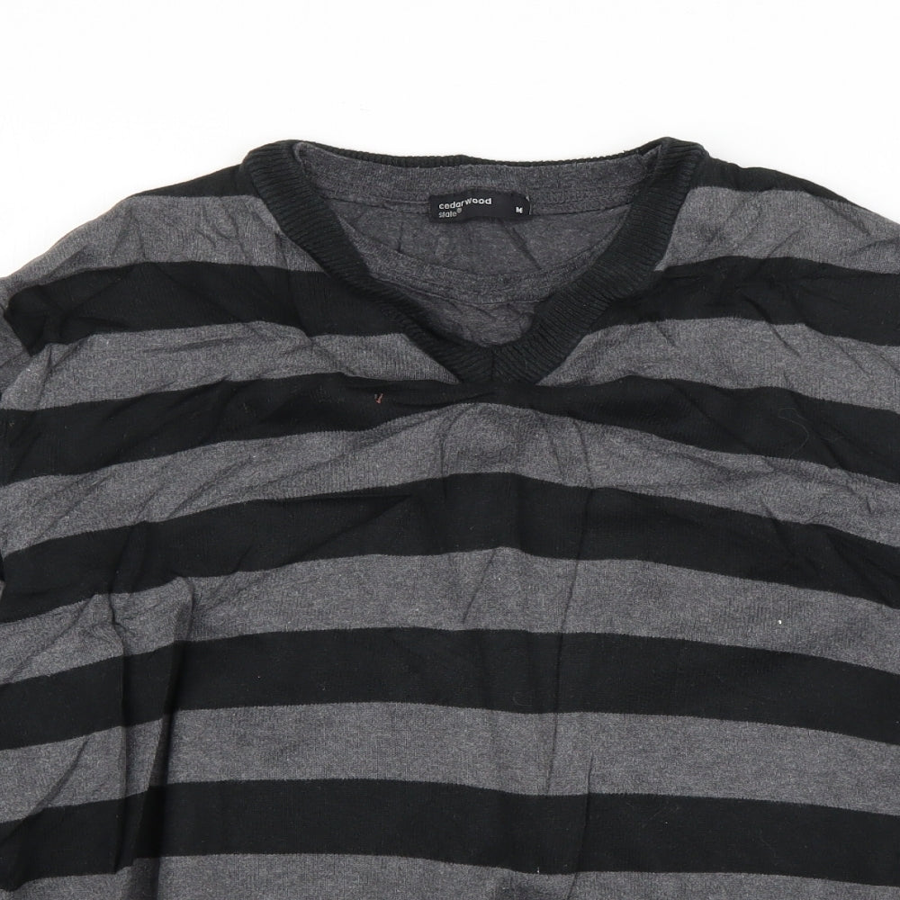 Cedar Wood State Womens Grey V-Neck Striped Cotton Pullover Jumper Size M