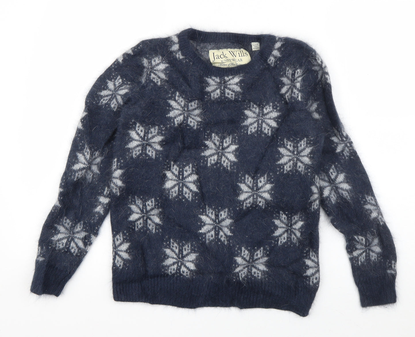 Jack Wills Womens Blue Round Neck Geometric Angora Pullover Jumper Size 10   - Snowflake Print