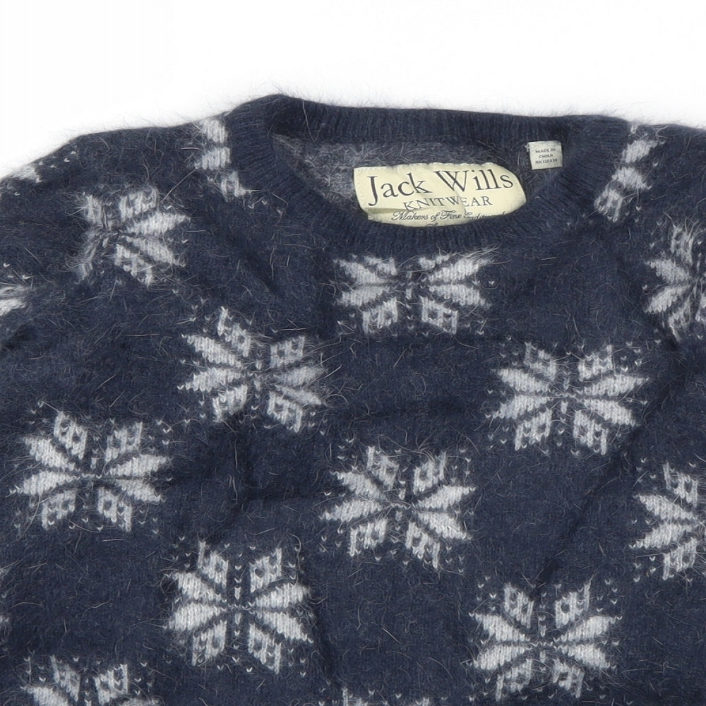 Jack Wills Womens Blue Round Neck Geometric Angora Pullover Jumper Size 10   - Snowflake Print