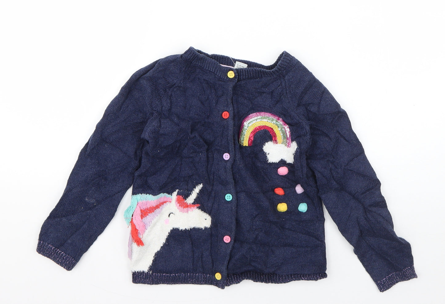 TU Girls Blue Round Neck  Cotton Cardigan Jumper Size 5-6 Years  Button - Unicorn