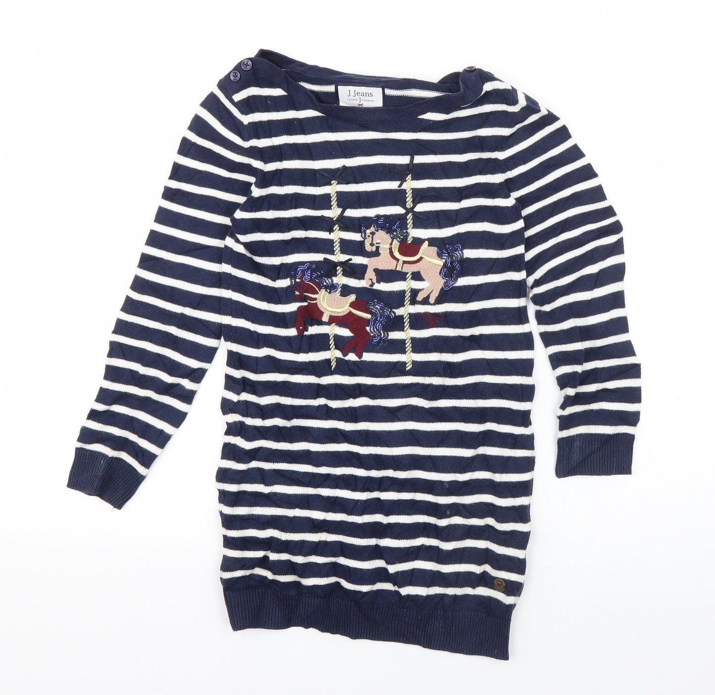 Jasper Conran Girls Blue Round Neck Striped Cotton Pullover Jumper Size 8-9 Years  Pullover - Carousel Horses