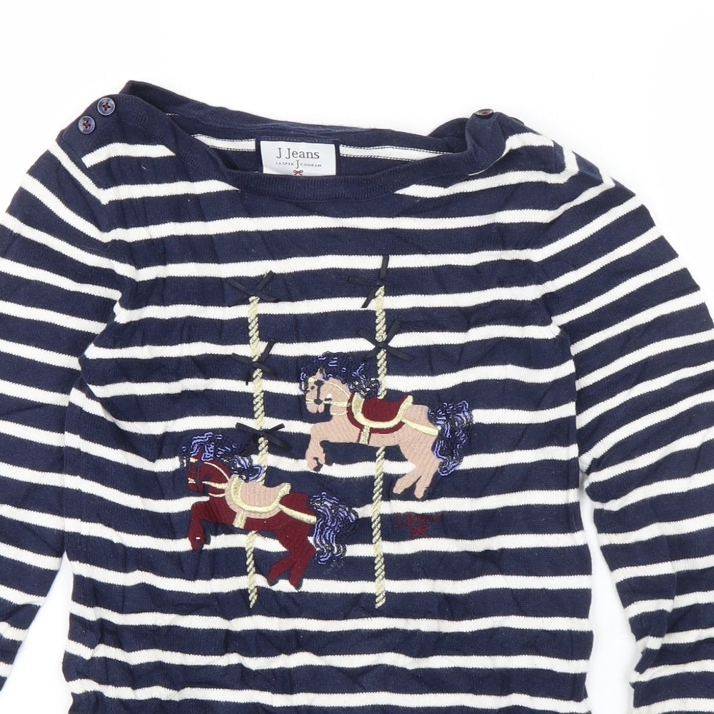 Jasper Conran Girls Blue Round Neck Striped Cotton Pullover Jumper Size 8-9 Years  Pullover - Carousel Horses