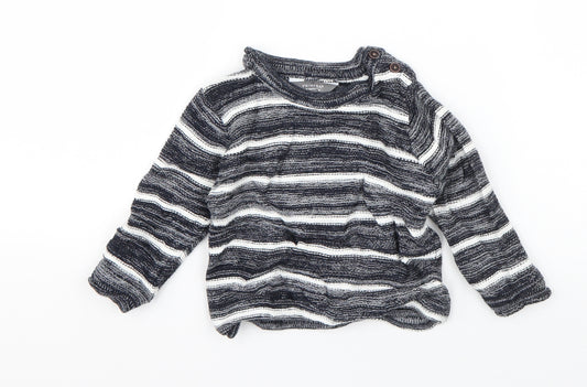 Front view of Primark boys’ blue striped cotton jumper, size 9-12, months pullover
