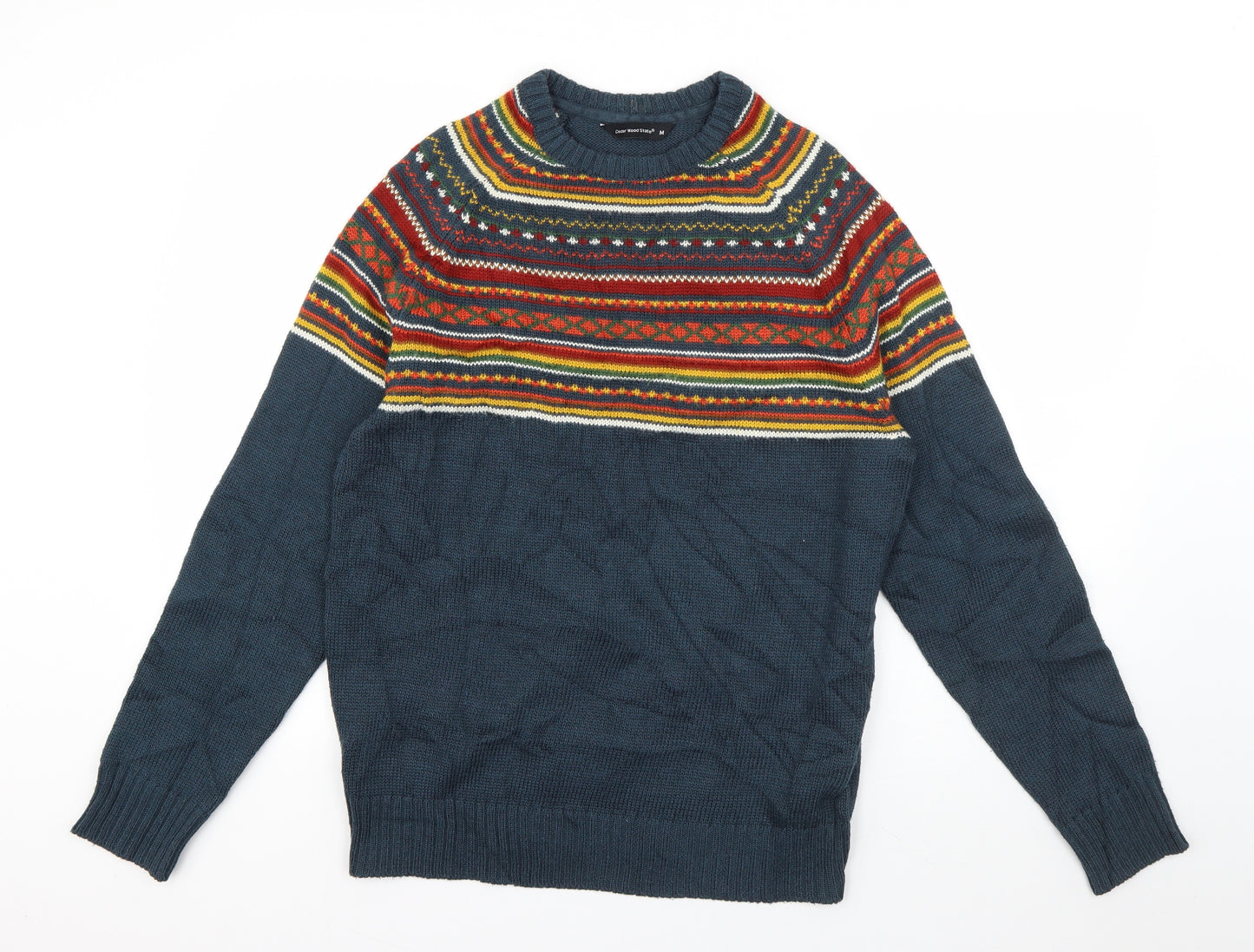 Cedar Wood State Mens Blue Round Neck Striped Polyester Pullover Jumper Size M
