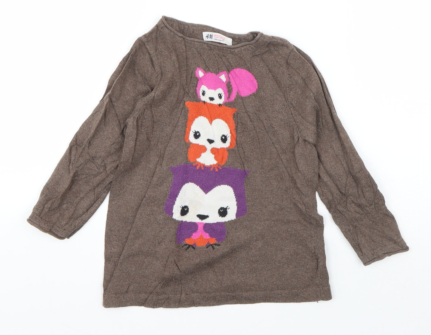 H&M Girls Brown Round Neck  Cotton Pullover Jumper Size 3-4 Years  Pullover - Owl