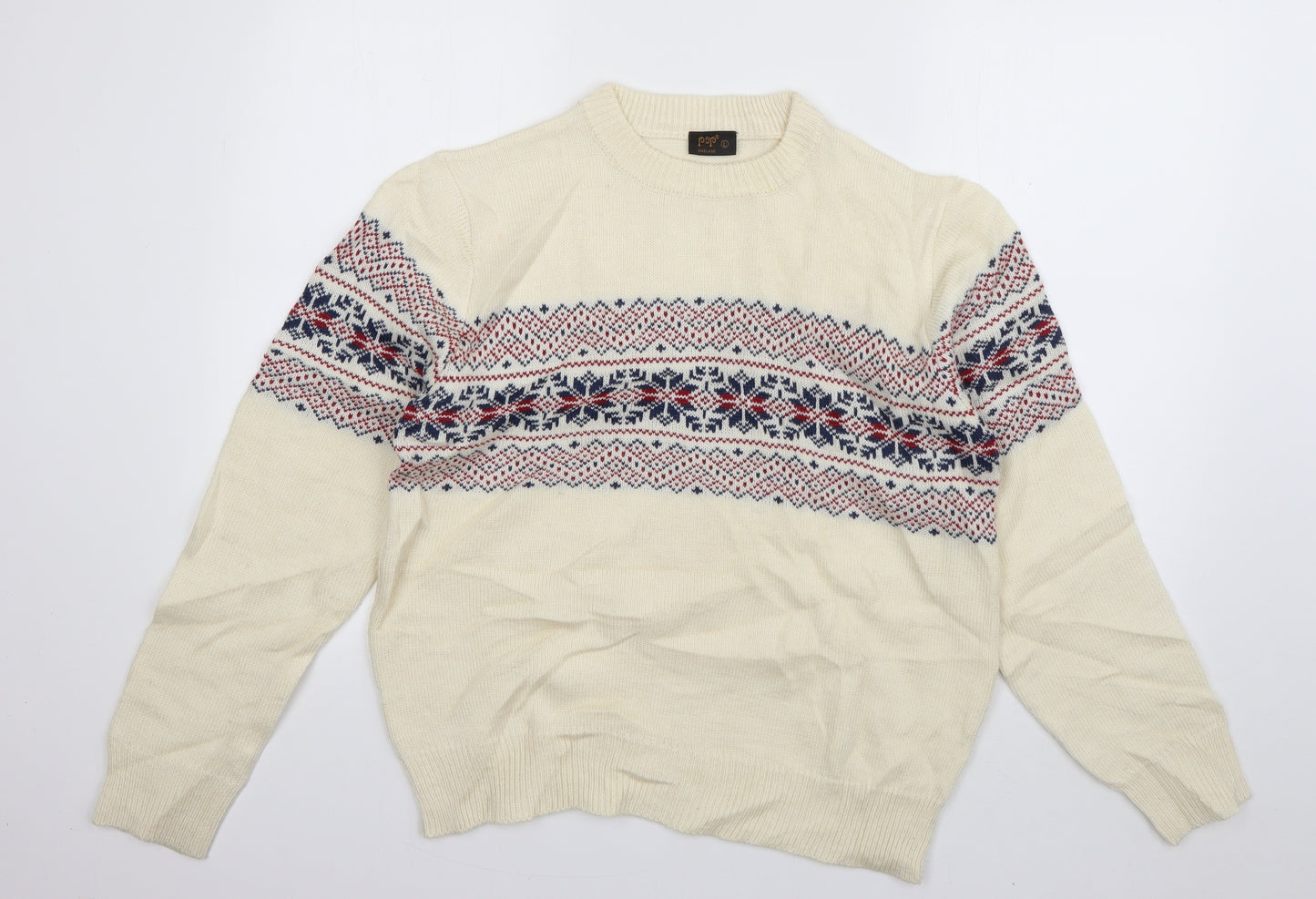 POP Mens Ivory Round Neck  Acrylic Pullover Jumper Size L