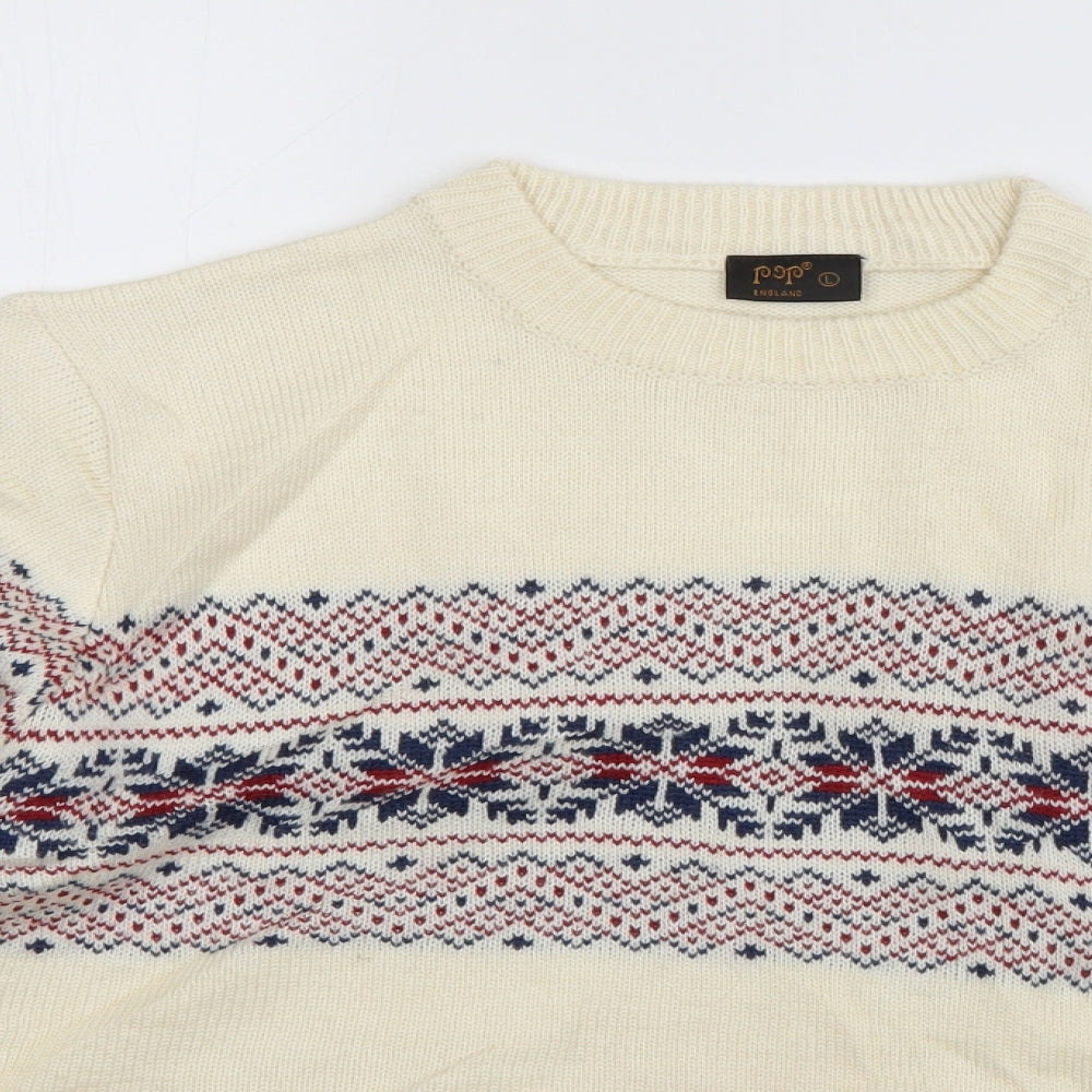 POP Mens Ivory Round Neck  Acrylic Pullover Jumper Size L