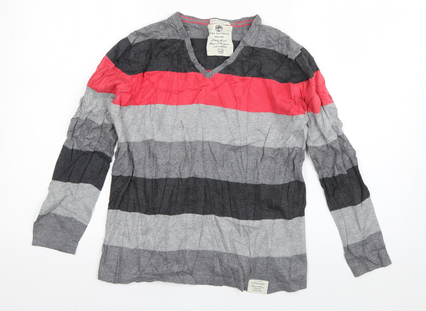 Zara Boys Grey V-Neck Striped Cotton Pullover Jumper Size 11-12 Years  Pullover