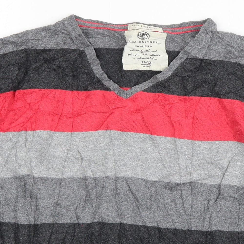 Zara Boys Grey V-Neck Striped Cotton Pullover Jumper Size 11-12 Years  Pullover