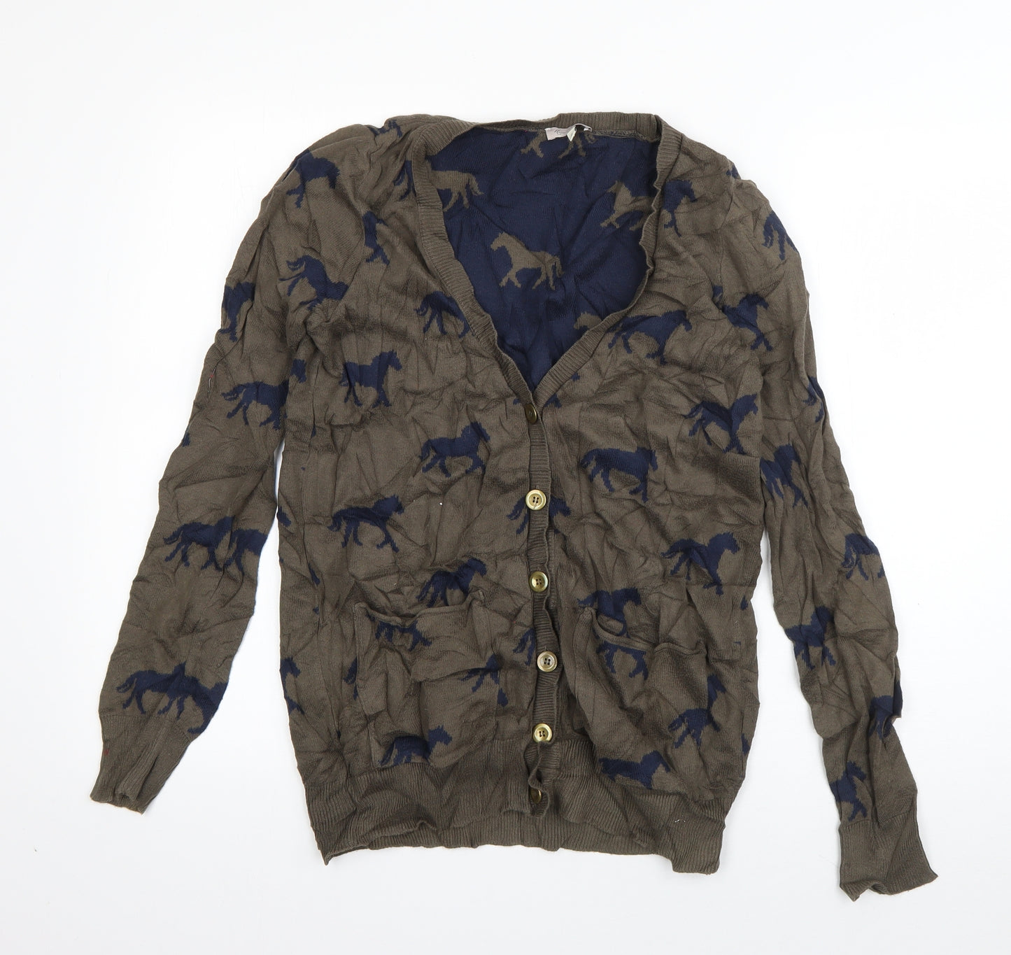 River Island Womens Green V-Neck Geometric Acrylic Cardigan Jumper Size 8   - Horse Print