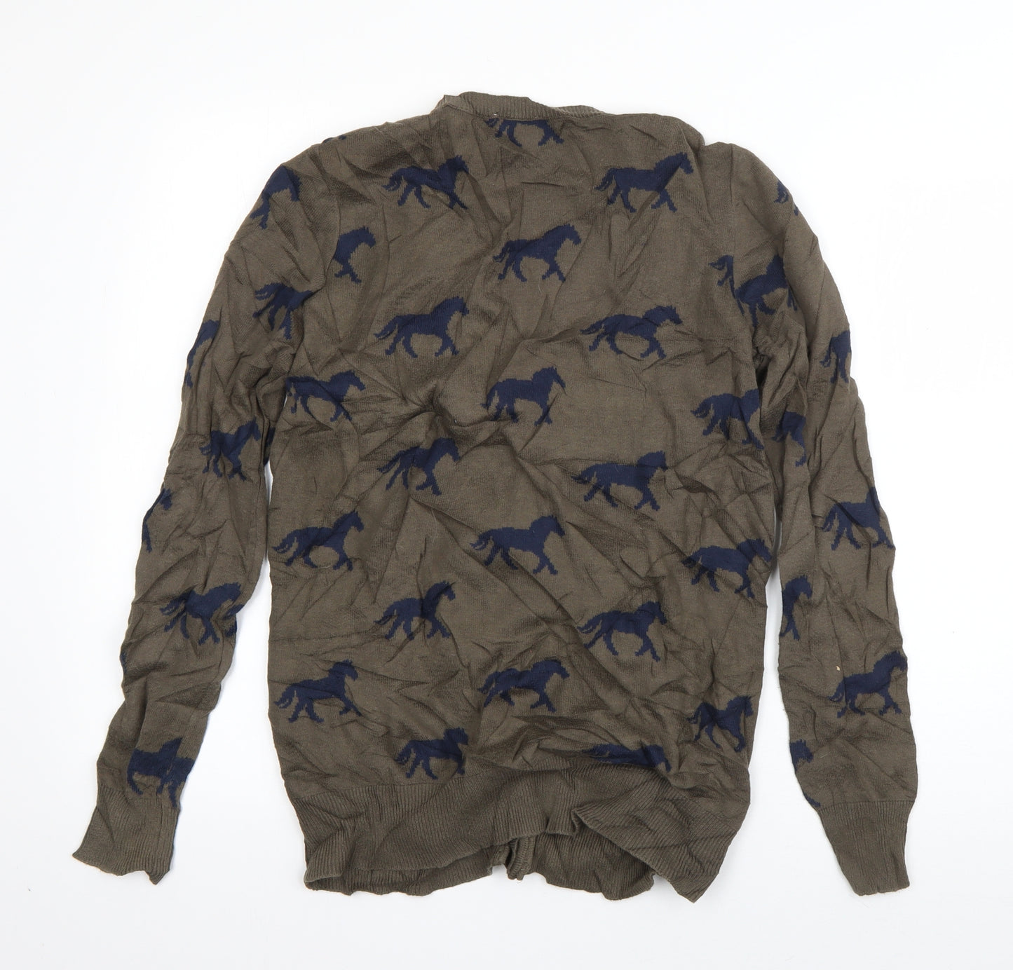 River Island Womens Green V-Neck Geometric Acrylic Cardigan Jumper Size 8   - Horse Print
