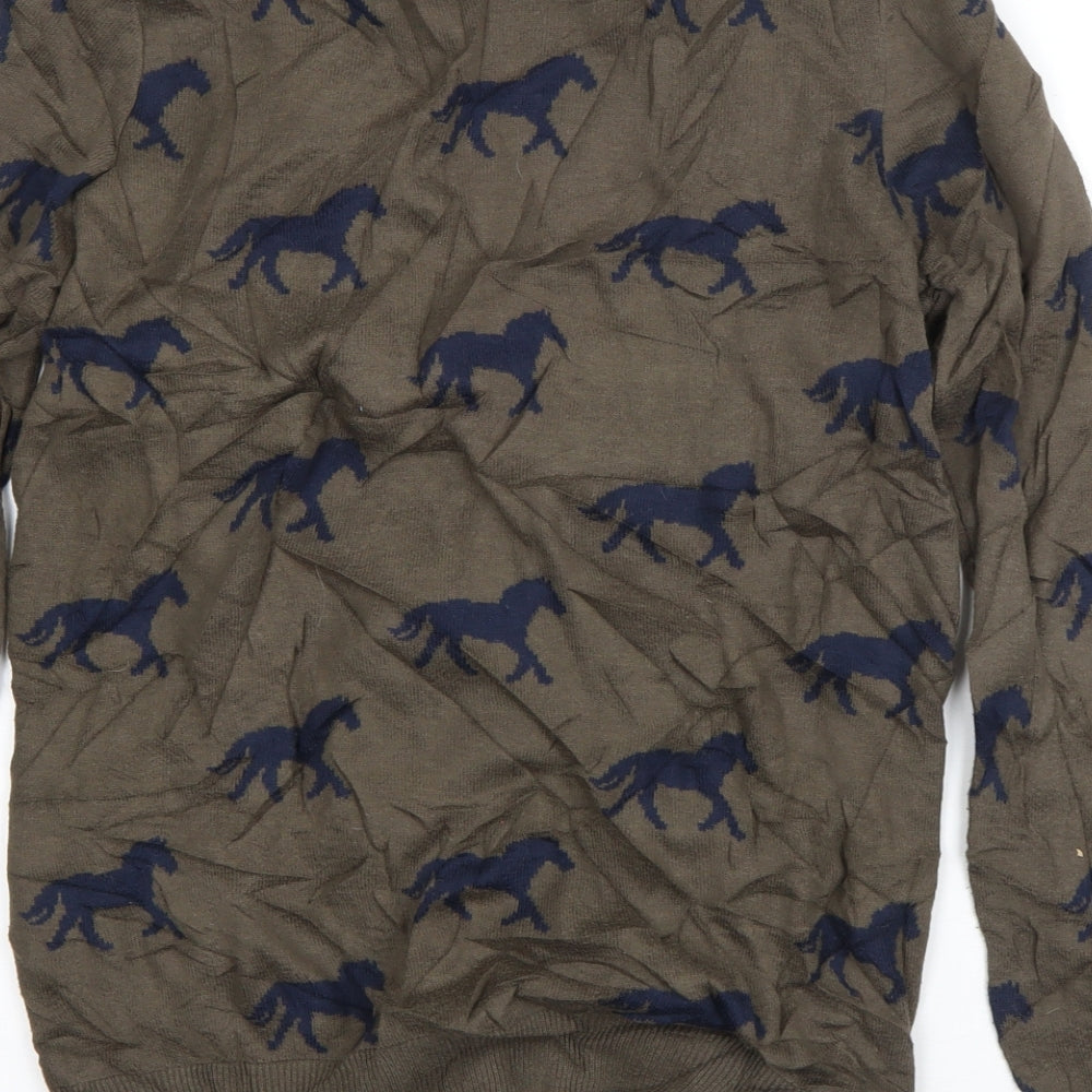 River Island Womens Green V-Neck Geometric Acrylic Cardigan Jumper Size 8   - Horse Print