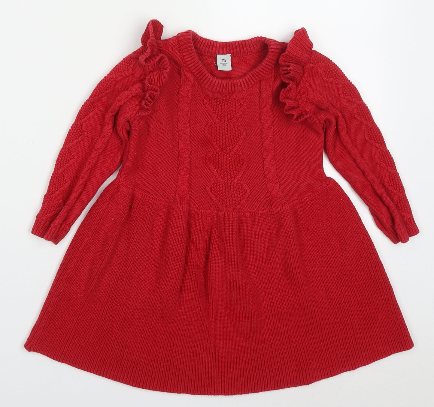TU Girls Red  Cotton Jumper Dress  Size 3-4 Years  Round Neck Pullover
