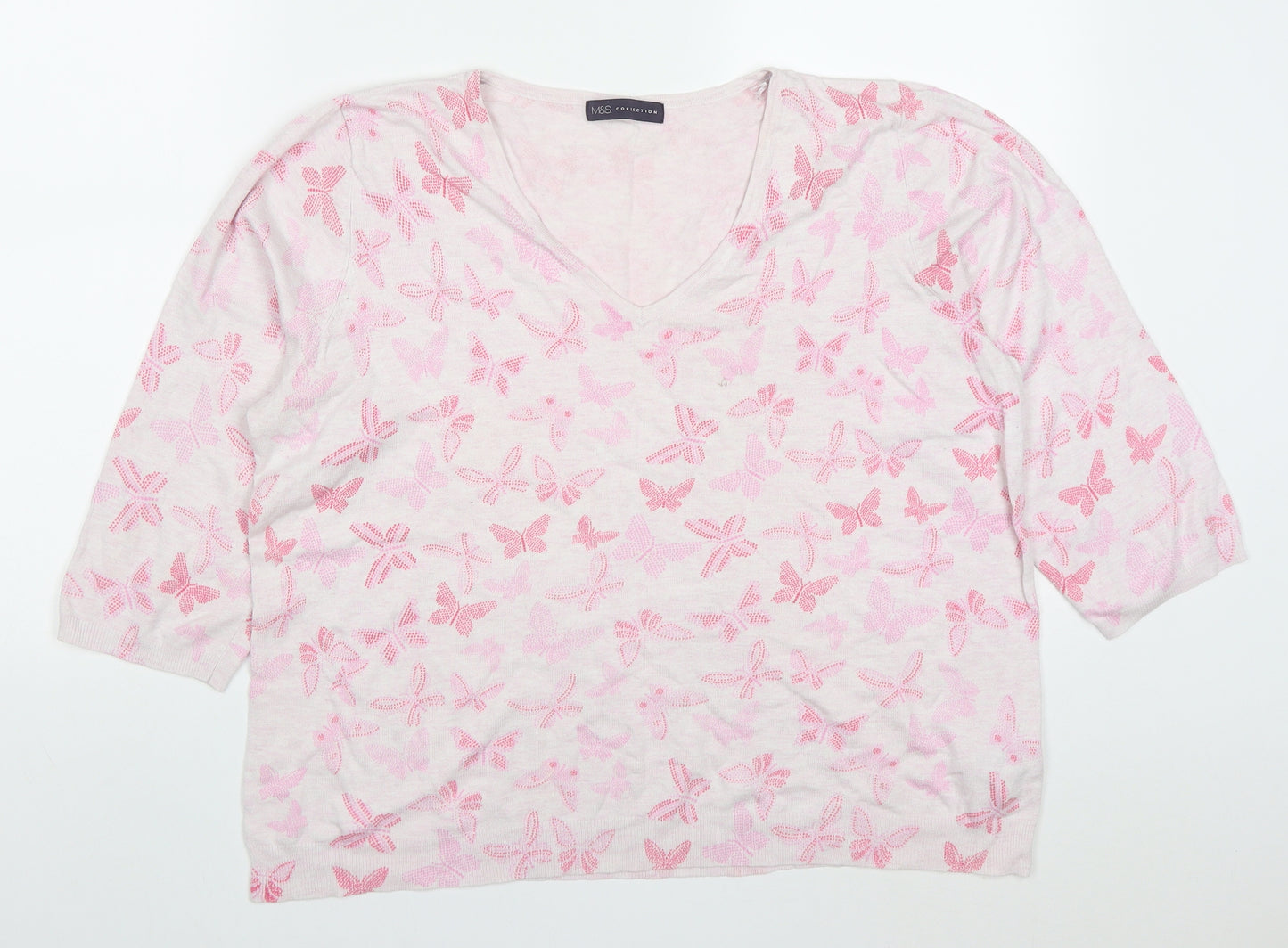 Marks and Spencer Womens Pink V-Neck  Viscose Pullover Jumper Size 22   - Butterflies