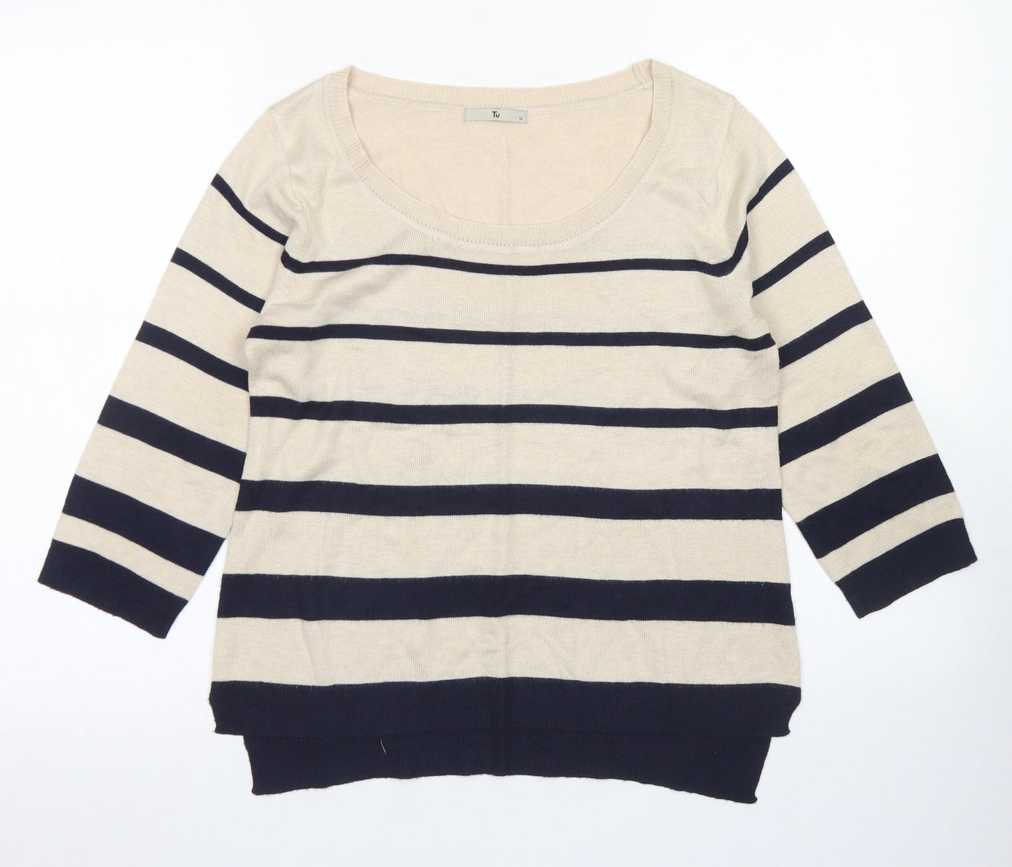 TU Womens Blue Round Neck Striped Acrylic Pullover Jumper Size 12