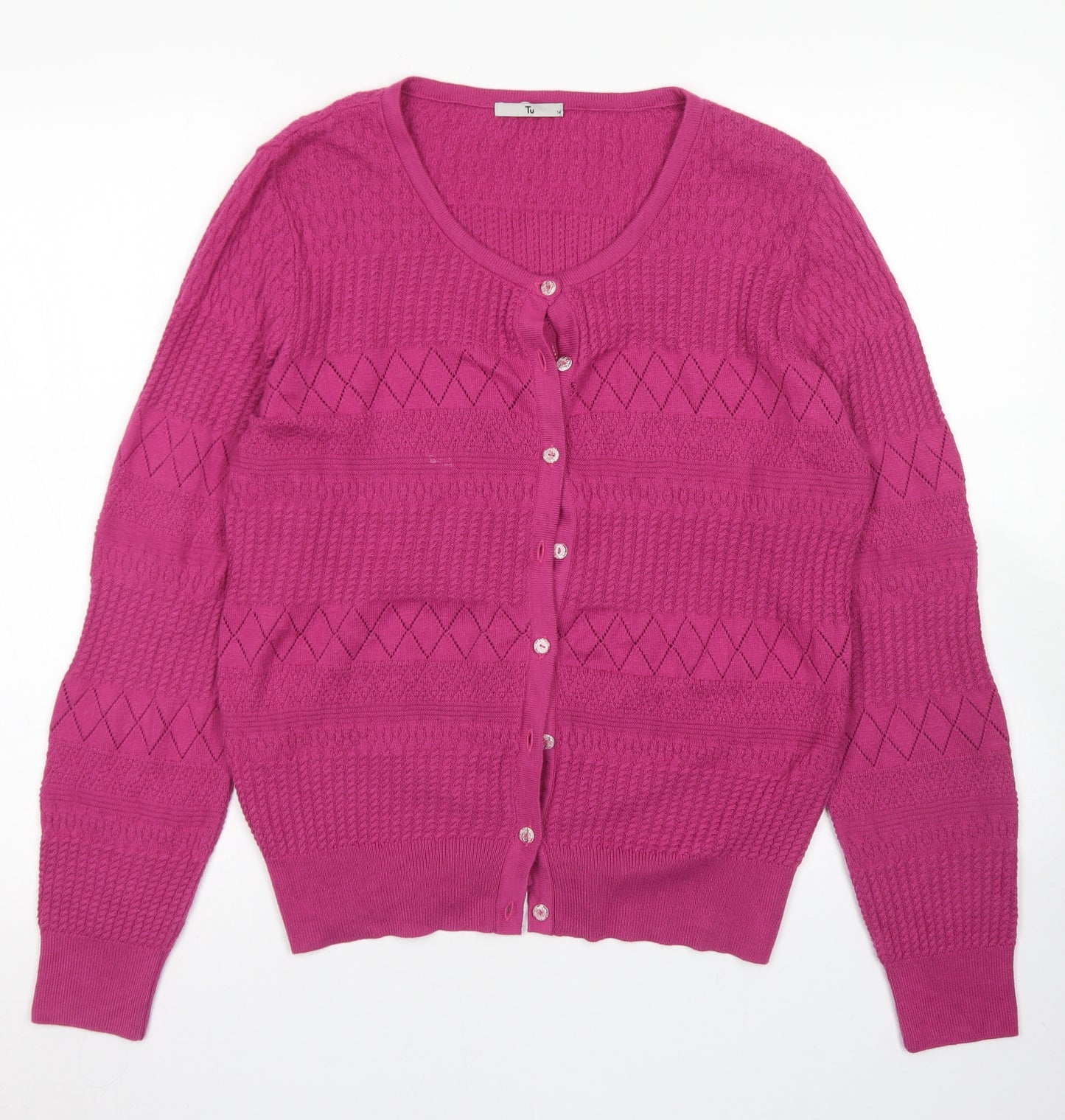 TU Womens Pink Crew Neck  Acrylic Cardigan Jumper Size 14