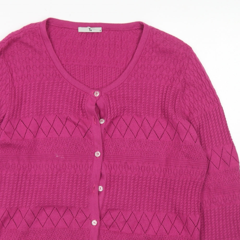 TU Womens Pink Crew Neck  Acrylic Cardigan Jumper Size 14
