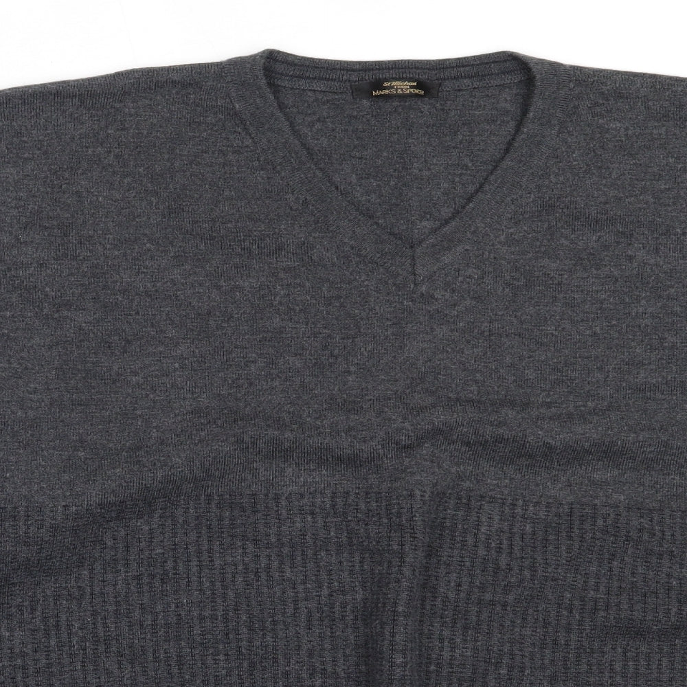 Marks and Spencer Mens Grey V-Neck  Wool Pullover Jumper Size XL