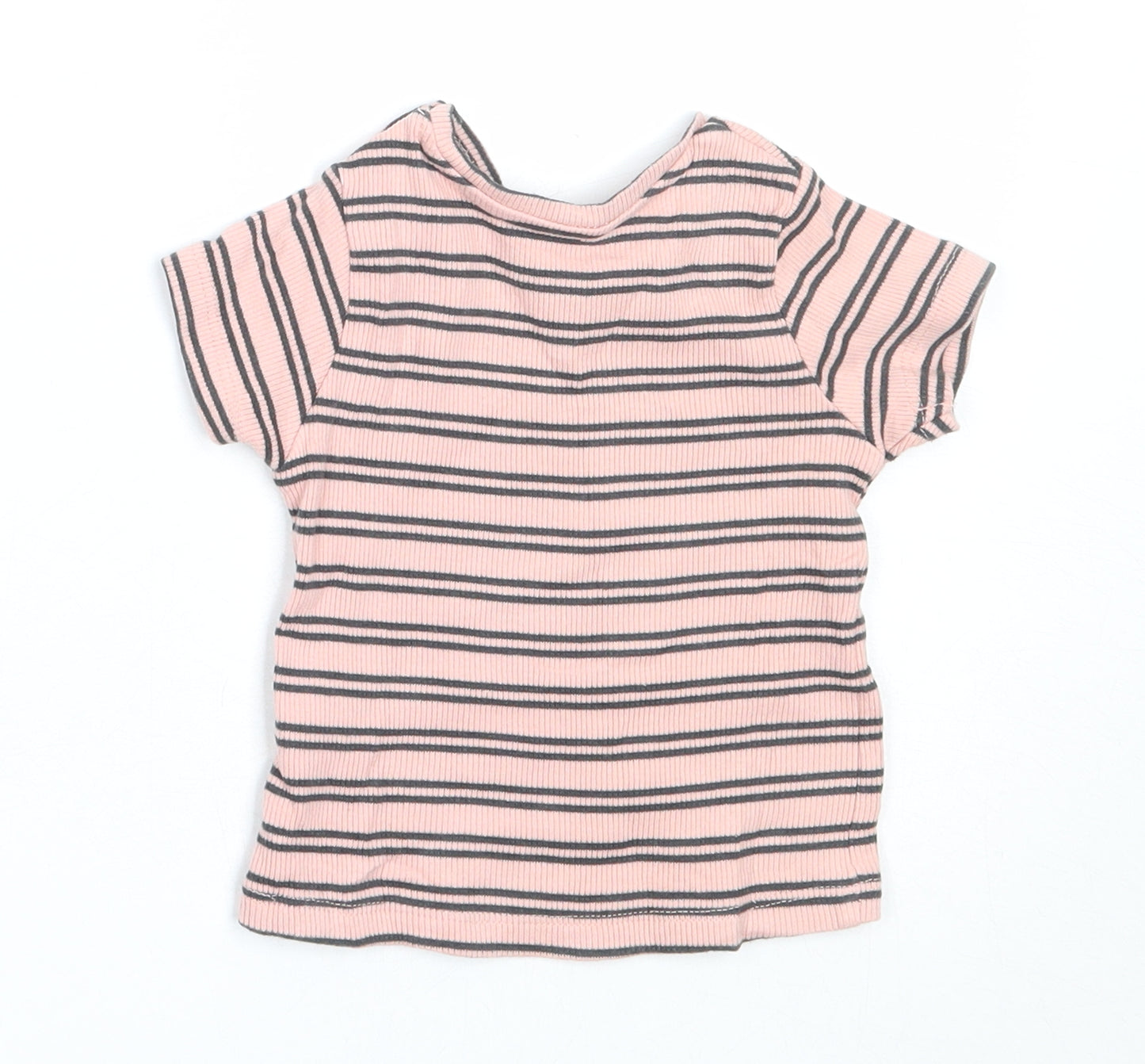Primark Girls Pink Striped Cotton Basic T-Shirt Size 3-6 Months Round Neck
