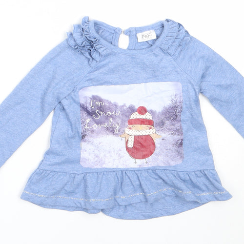 F&F Girls Blue  Polyester Basic T-Shirt Size 3-6 Months Round Neck