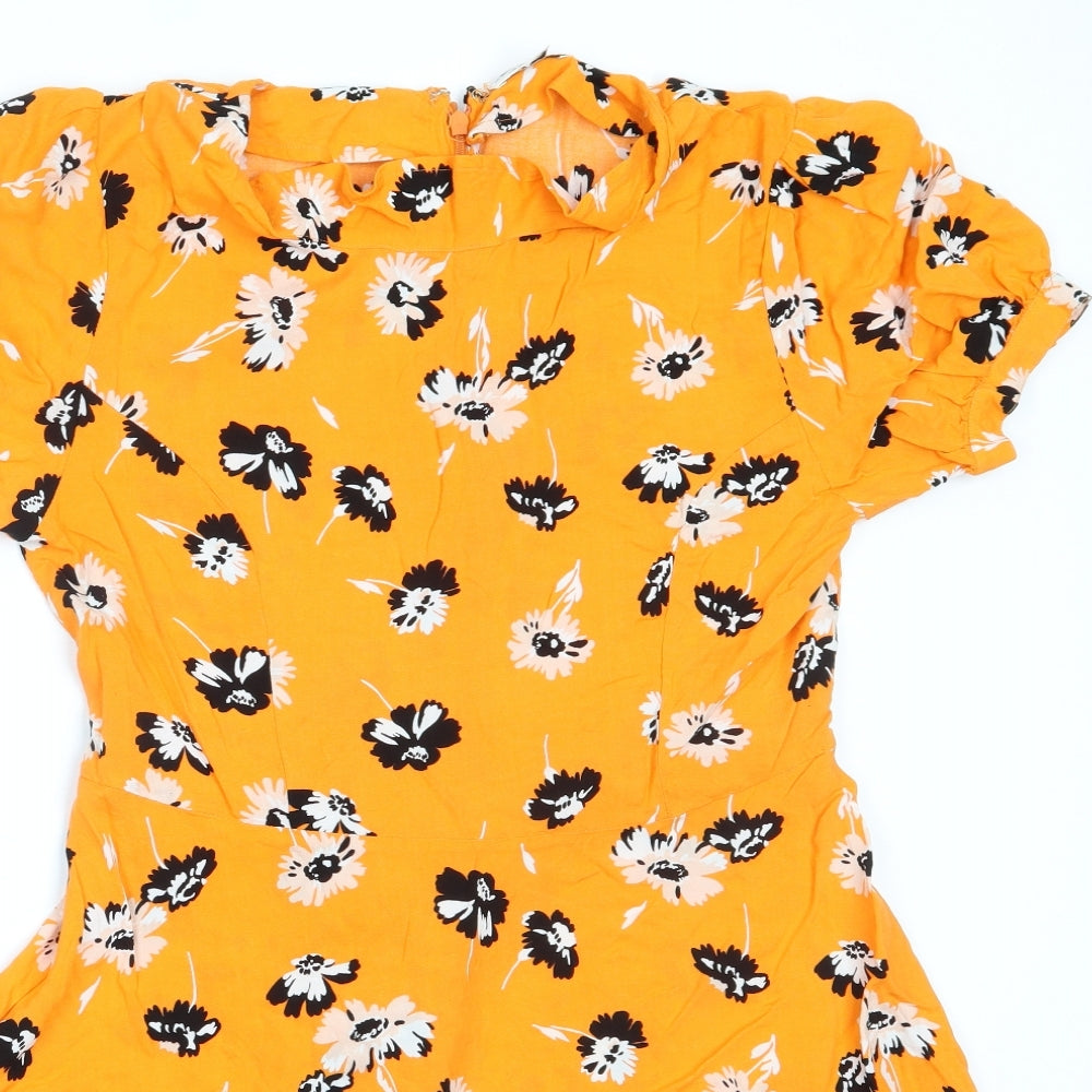Miss Selfridge Womens Orange Floral Viscose Fit & Flare  Size 10  Round Neck