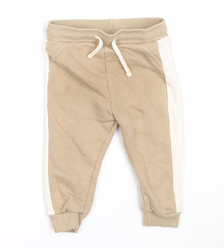 F&F Boys Beige Cotton Jogger Trousers Size 6-9 Months