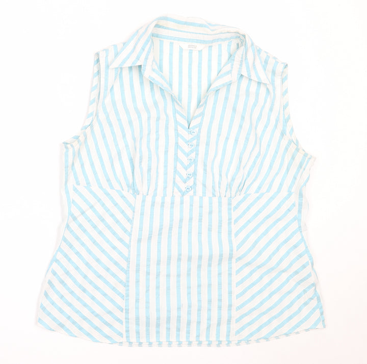Marks and Spencer Womens Blue Striped Cotton Basic Button-Up Size 14 Collared