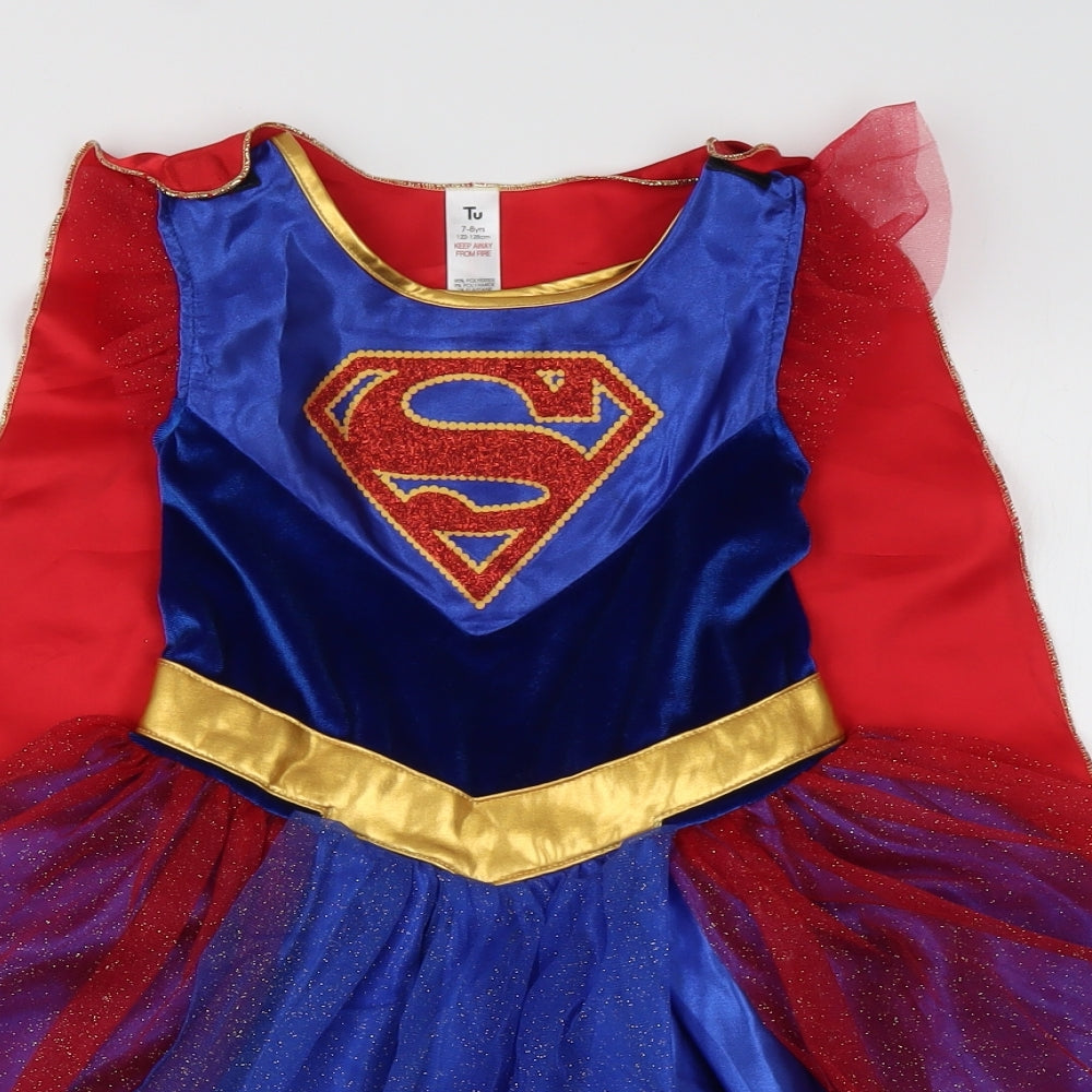 sainsburys Girls Blue  Polyester A-Line  Size 7-8 Years  Crew Neck Pullover - SUPER WOMAN