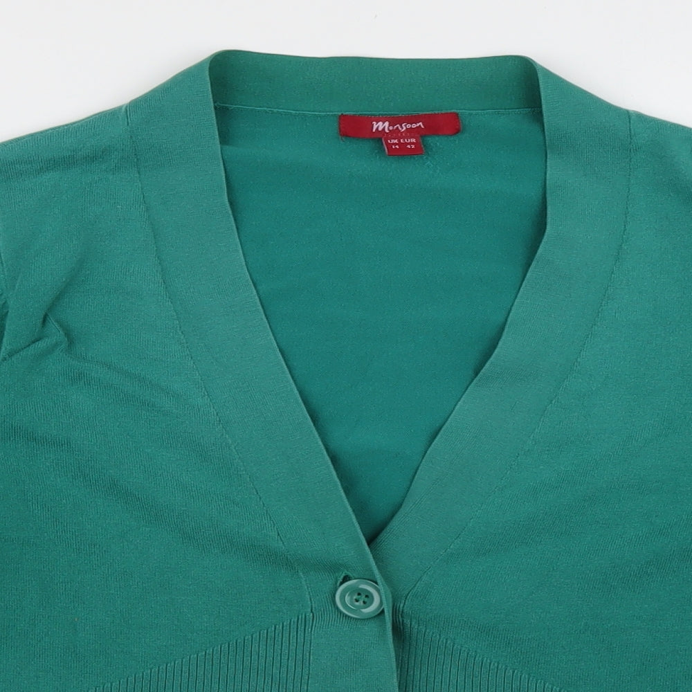 Monsoon Womens Green V-Neck  Cotton Cardigan Jumper Size 14