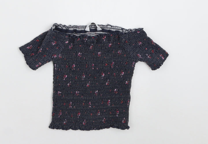 Primark Girls Grey Floral Cotton Tunic T-Shirt Size 7-8 Years Off the Shoulder Pullover