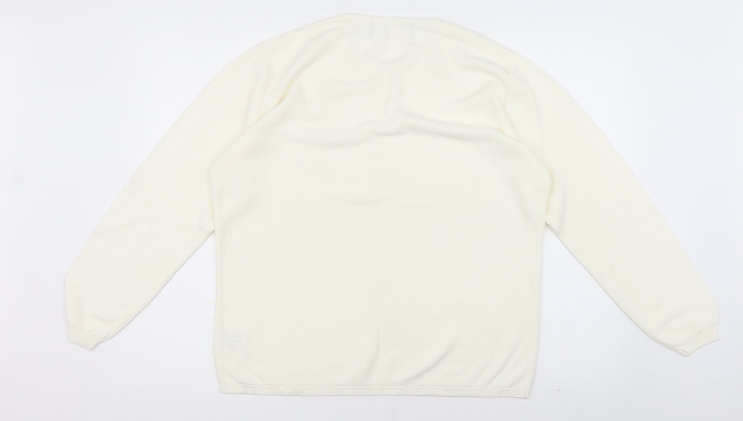 Preworn Womens White Crew Neck Floral Acrylic Pullover Jumper Size L